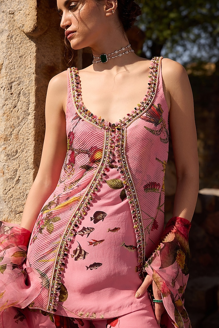 Pink Georgette Printed Wedding Sharara Set by AWIGNA BY VARSHA & RITTU at Pernia's Pop Up Shop