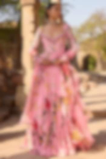 Pink Organza Printed & Embroidered Wedding Anarkali Set by AWIGNA BY VARSHA & RITTU at Pernia's Pop Up Shop