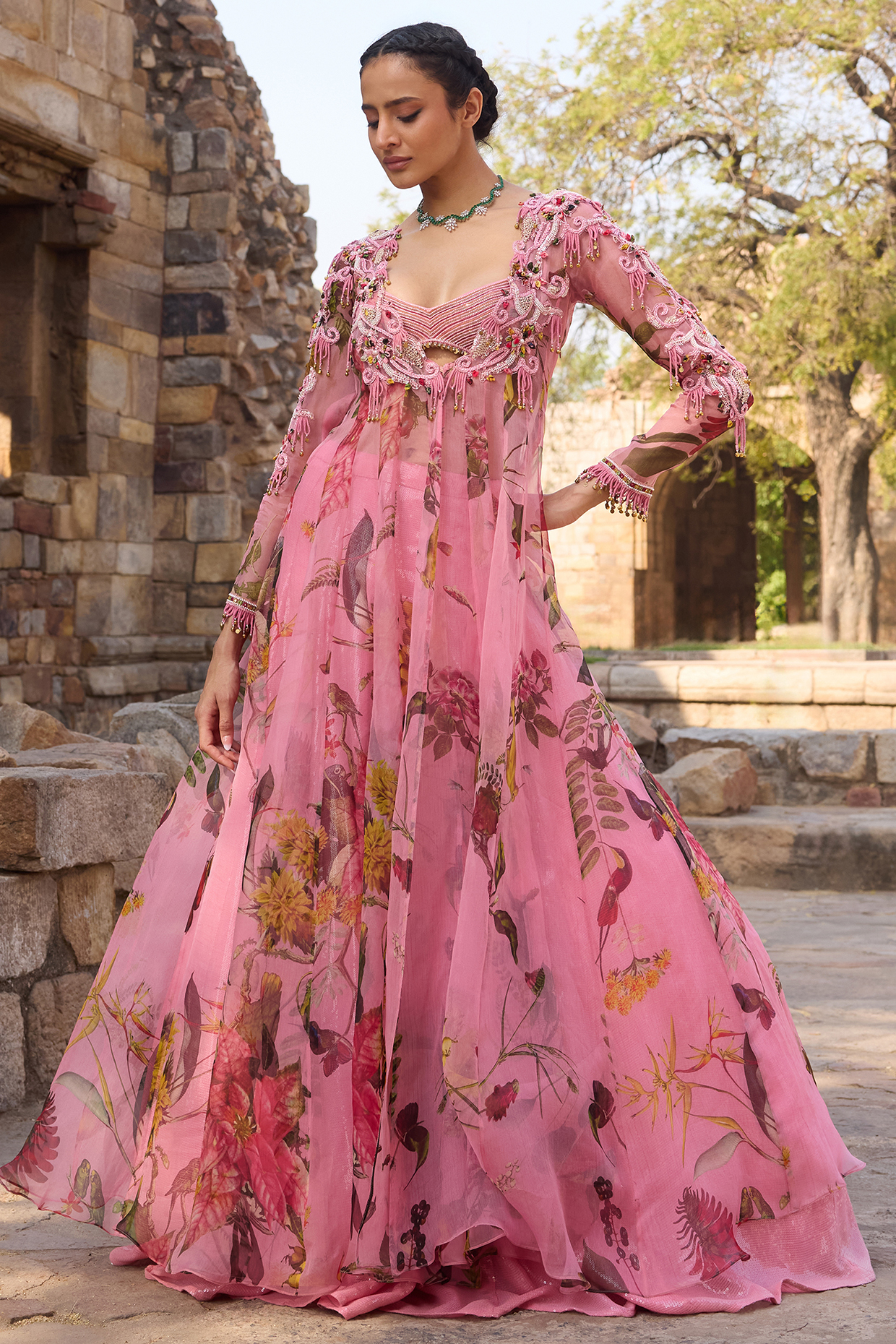 Pink Organza Printed & Embroidered Jacket Set by AWIGNA BY VARSHA & RITTU at Pernia's Pop Up Shop