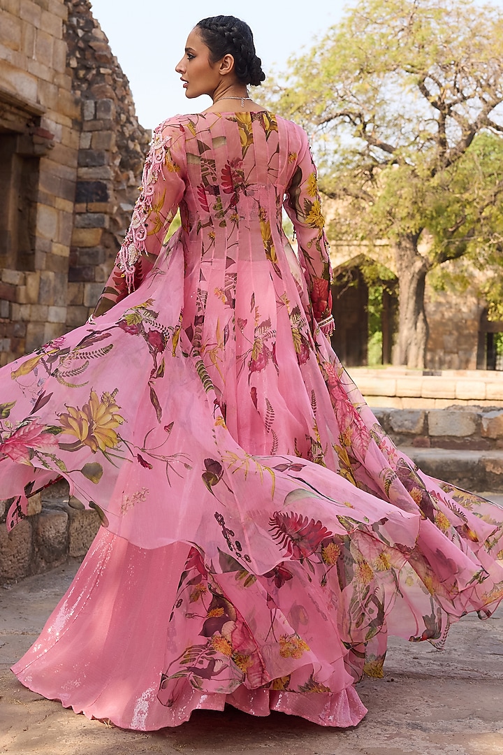Pink Organza Printed & Embroidered Jacket Set by AWIGNA BY VARSHA & RITTU at Pernia's Pop Up Shop
