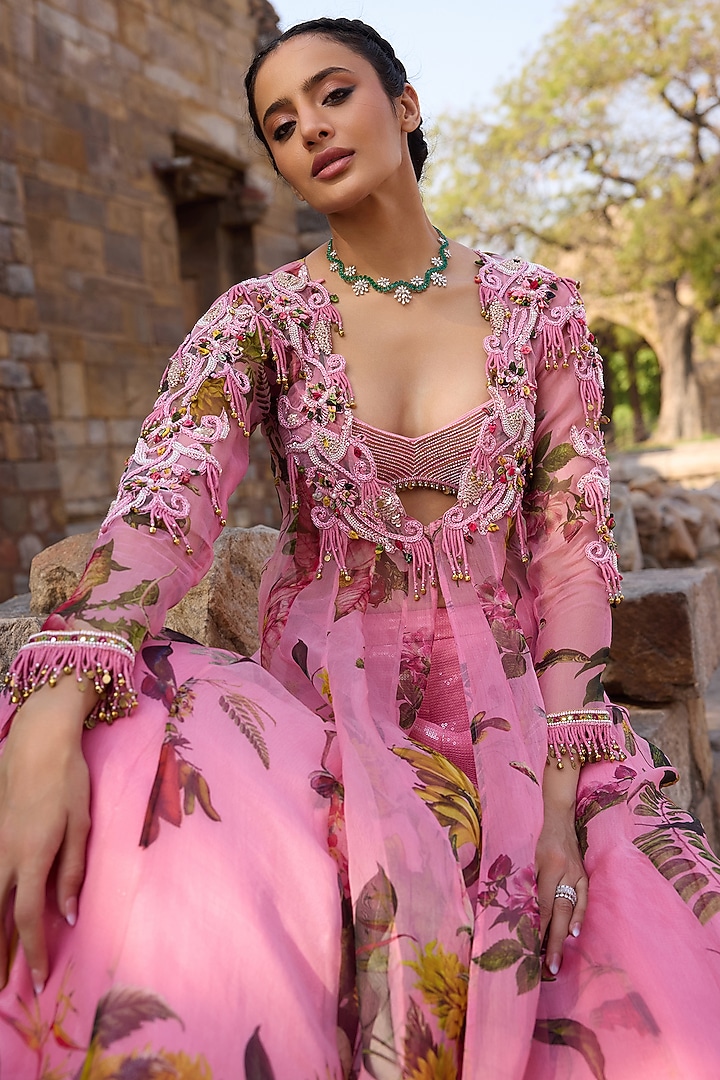 Pink Organza Printed & Embroidered Jacket Set by AWIGNA BY VARSHA & RITTU at Pernia's Pop Up Shop