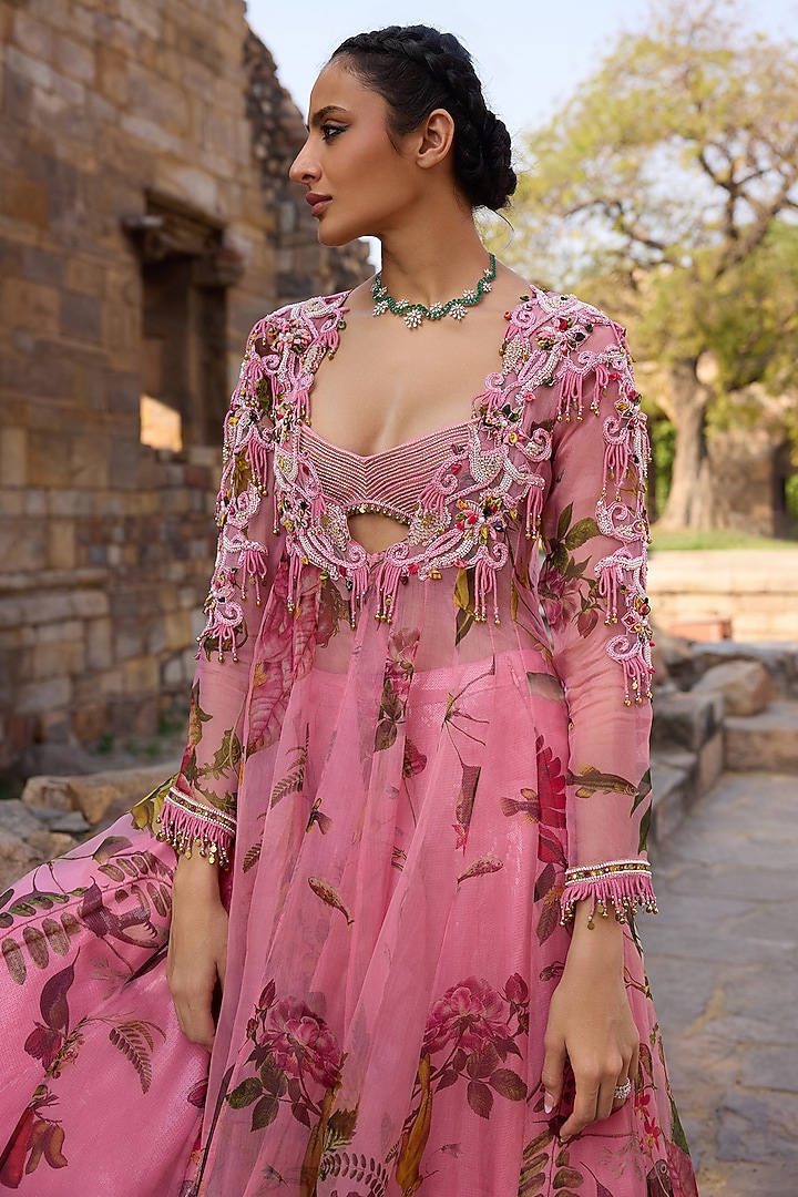 Pink Organza Printed & Embroidered Jacket Set by AWIGNA BY VARSHA & RITTU at Pernia's Pop Up Shop