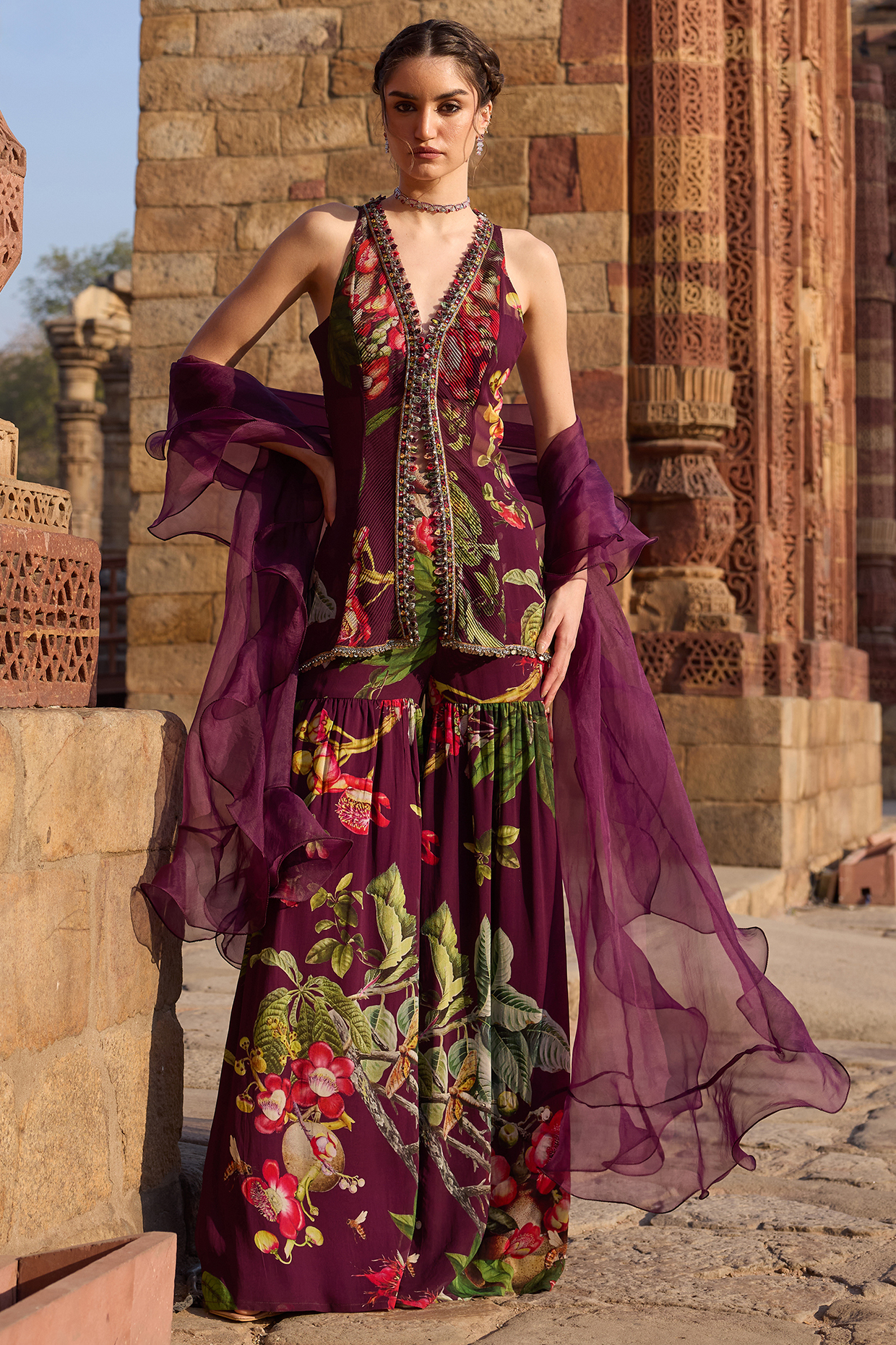 Purple Georgette Printed Wedding Sharara Set by AWIGNA BY VARSHA & RITTU at Pernia's Pop Up Shop