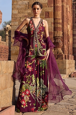 Purple Georgette Printed Sharara Set by AWIGNA BY VARSHA & RITTU