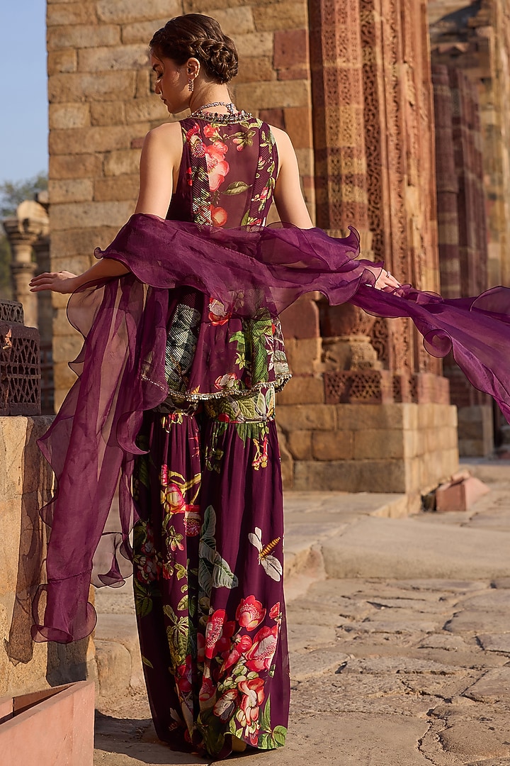 Purple Georgette Printed Wedding Sharara Set by AWIGNA BY VARSHA & RITTU at Pernia's Pop Up Shop