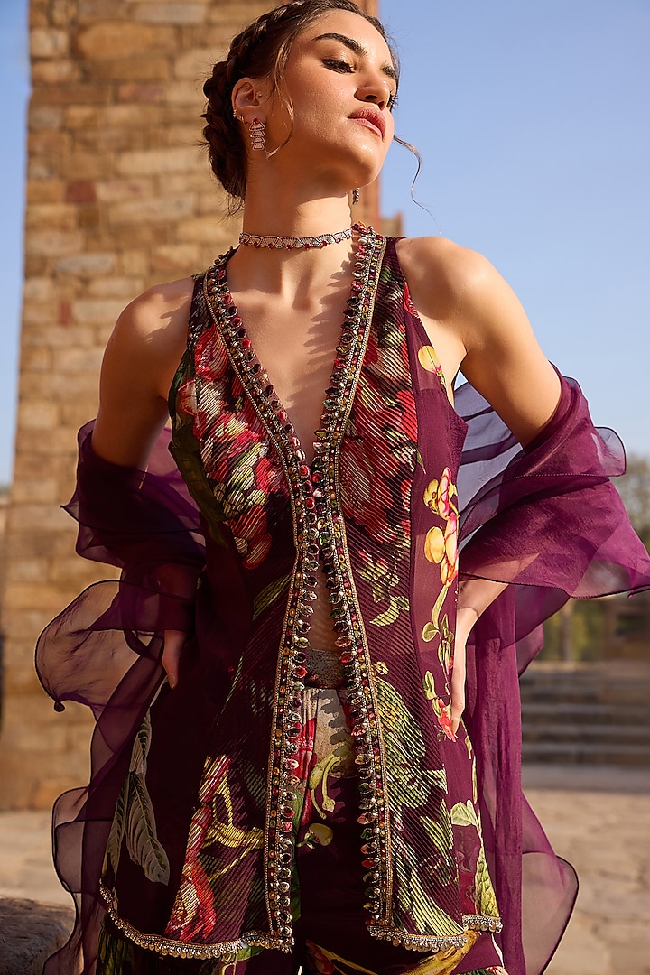 Purple Georgette Printed Wedding Sharara Set by AWIGNA BY VARSHA & RITTU at Pernia's Pop Up Shop