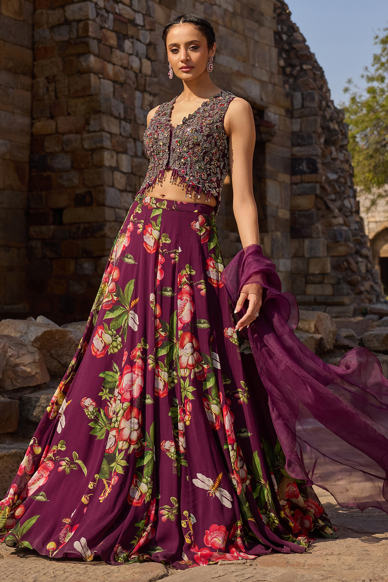 Purple Georgette Printed Wedding Lehenga Set by AWIGNA BY VARSHA & RITTU at Pernia's Pop Up Shop