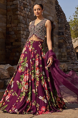 Purple Georgette Printed Lehenga Set by AWIGNA BY VARSHA & RITTU