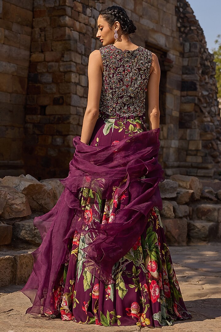 Purple Georgette Printed Wedding Lehenga Set by AWIGNA BY VARSHA & RITTU at Pernia's Pop Up Shop