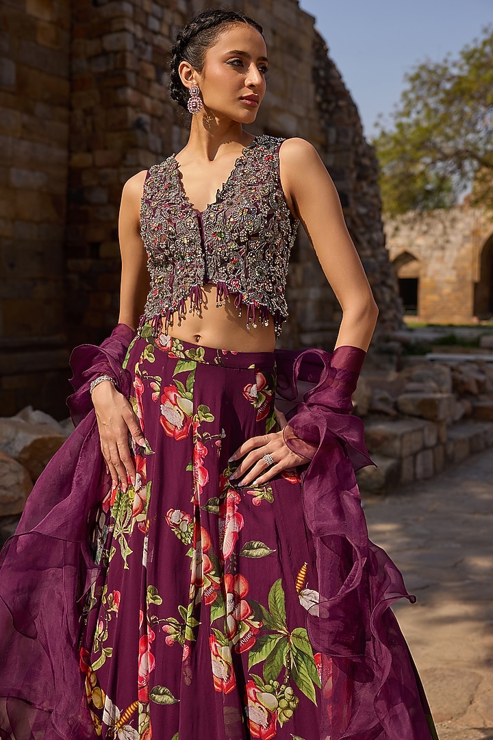 Purple Georgette Printed Wedding Lehenga Set by AWIGNA BY VARSHA & RITTU at Pernia's Pop Up Shop