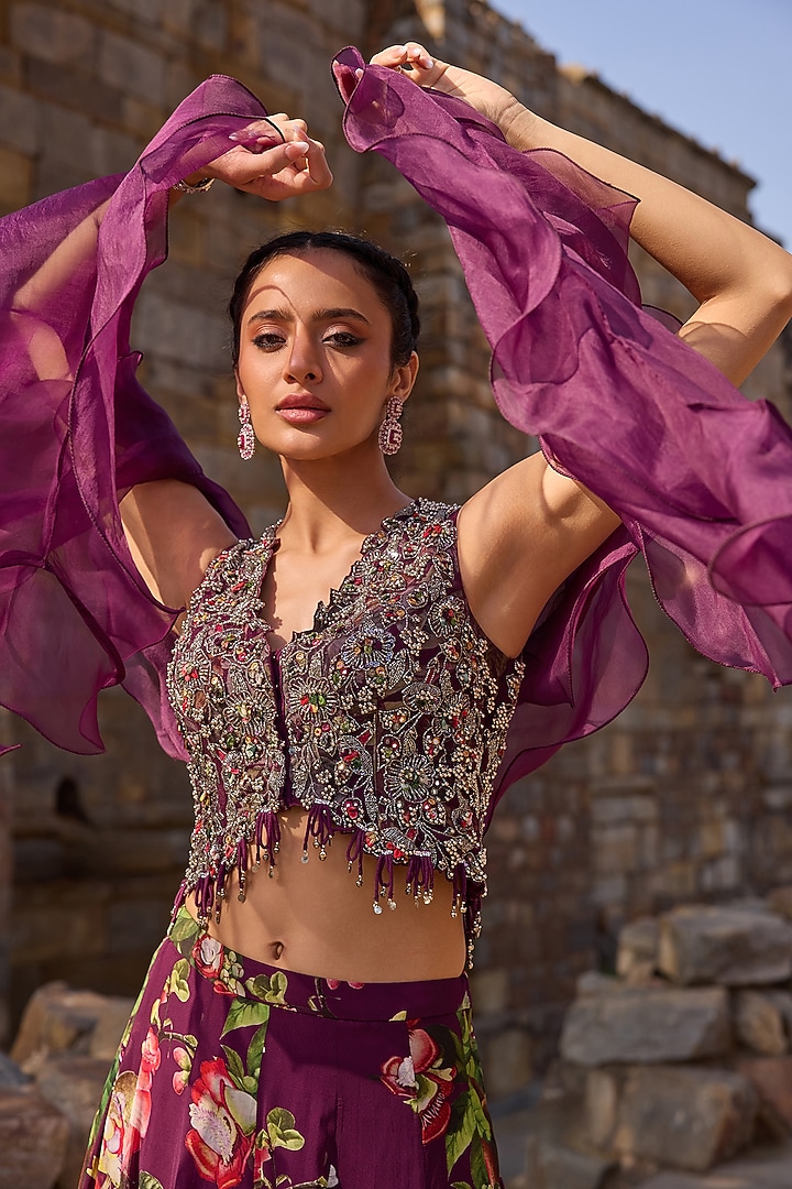 Purple Georgette Printed Wedding Lehenga Set by AWIGNA BY VARSHA & RITTU at Pernia's Pop Up Shop