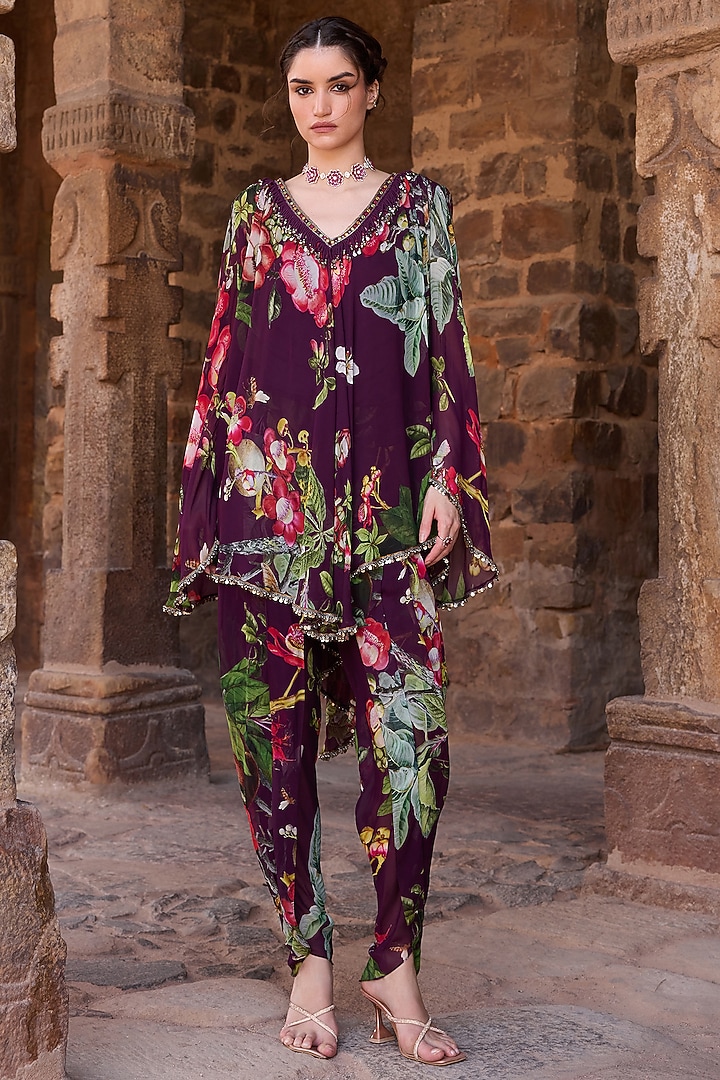 Purple Georgette Printed Tunic Set by AWIGNA BY VARSHA & RITTU at Pernia's Pop Up Shop
