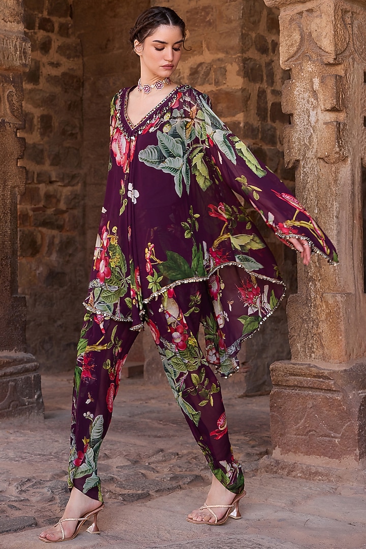 Purple Georgette Printed Tunic Set by AWIGNA BY VARSHA & RITTU at Pernia's Pop Up Shop