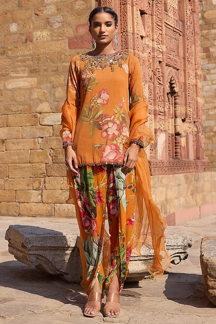 Orange Georgette Printed Tunic Set by AWIGNA BY VARSHA & RITTU at Pernia's Pop Up Shop