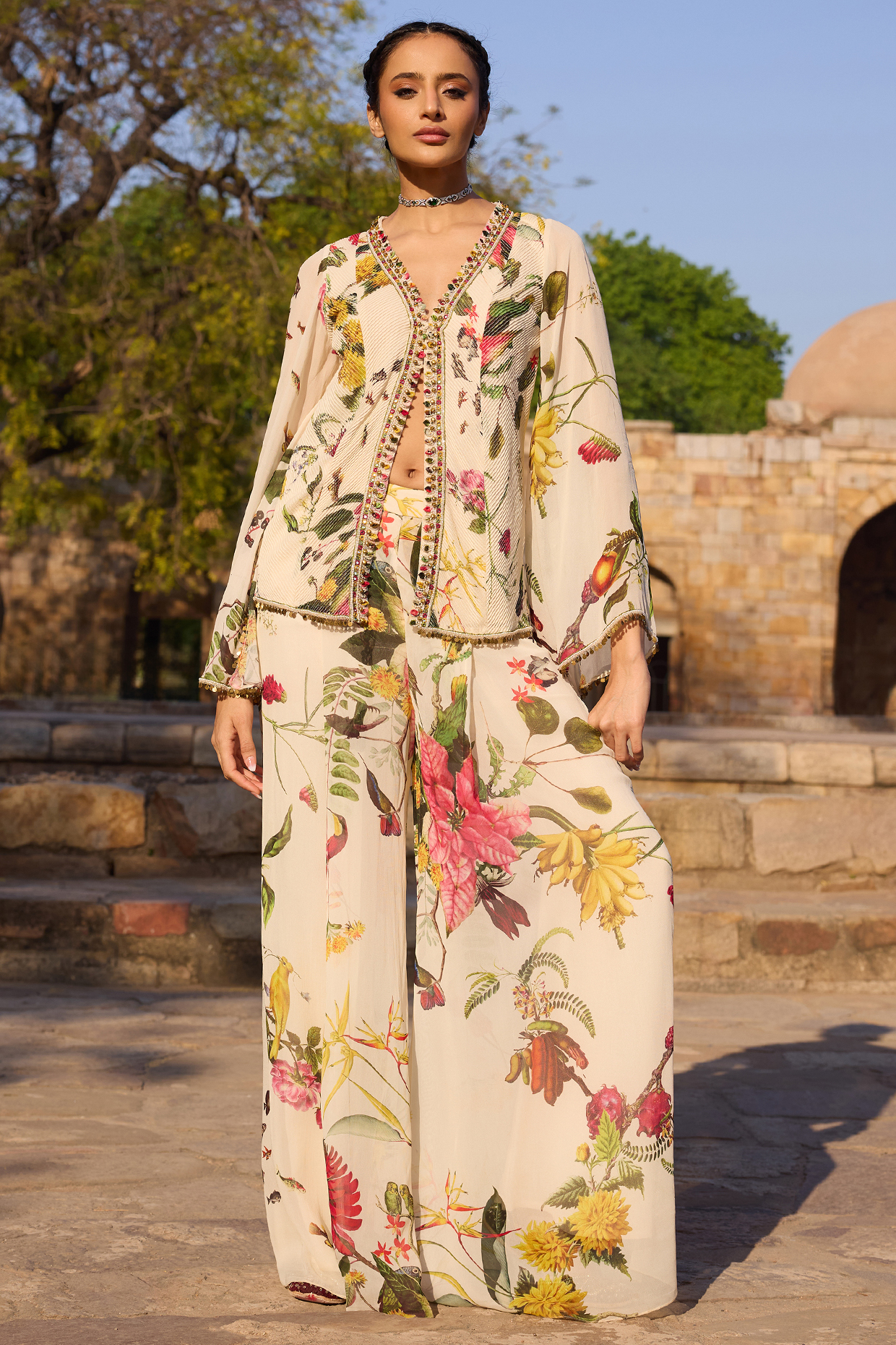 Ivory Georgette Printed Wedding Sharara Set by AWIGNA BY VARSHA & RITTU at Pernia's Pop Up Shop