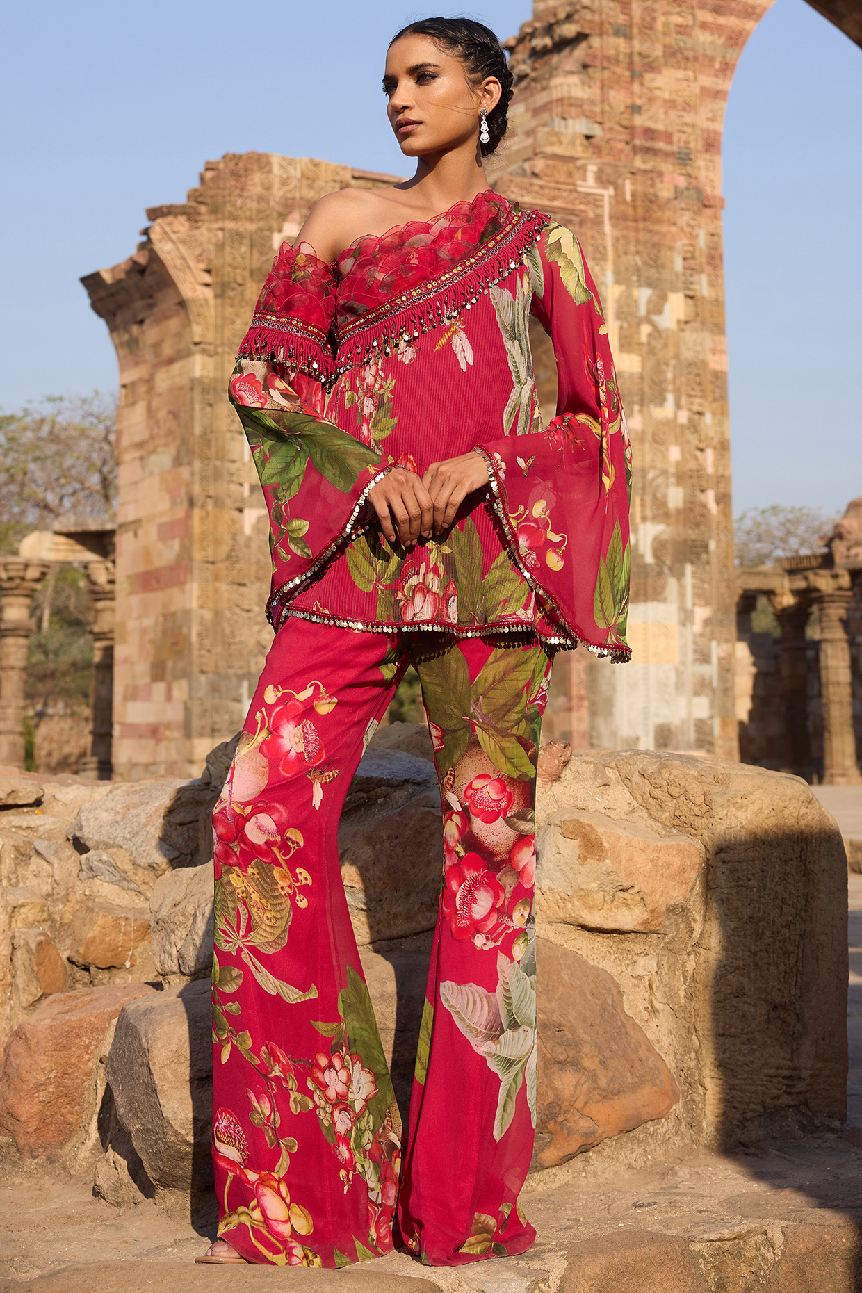Fuchsia Georgette Printed Tunic Set by AWIGNA BY VARSHA & RITTU at Pernia's Pop Up Shop