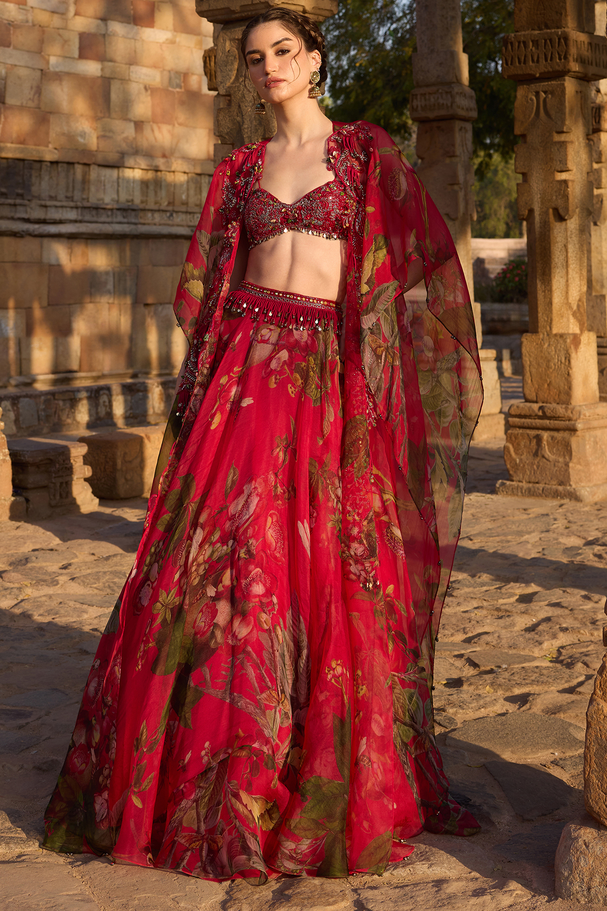 Fuchsia Organza Printed Flared Skirt Set by AWIGNA BY VARSHA & RITTU at Pernia's Pop Up Shop