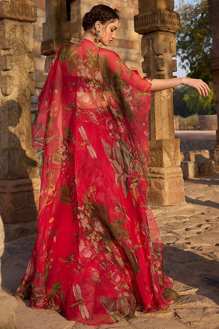 Fuchsia Organza Printed Flared Skirt Set by AWIGNA BY VARSHA & RITTU at Pernia's Pop Up Shop