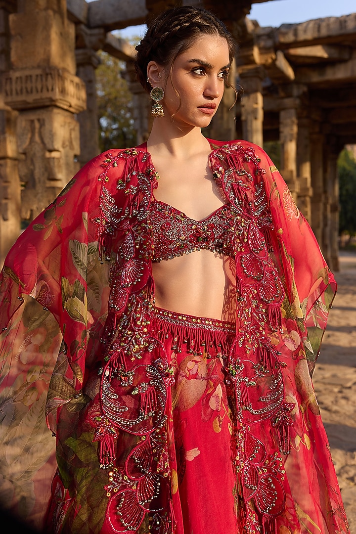 Fuchsia Organza Printed Flared Skirt Set by AWIGNA BY VARSHA & RITTU at Pernia's Pop Up Shop