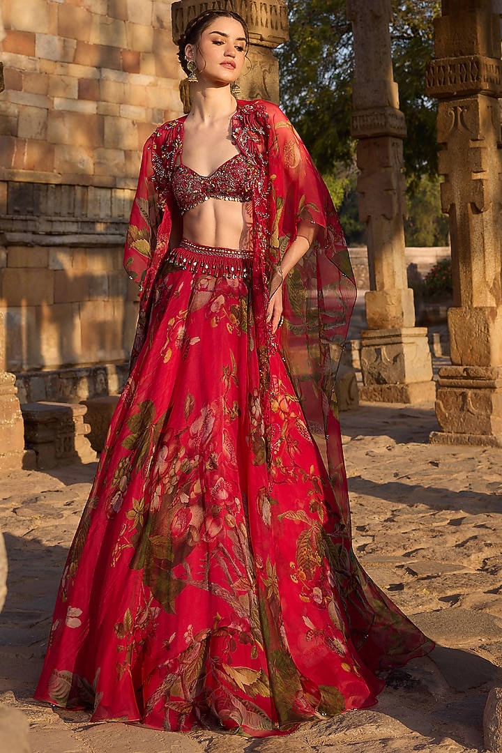 Fuchsia Organza Printed Flared Skirt Set by AWIGNA BY VARSHA & RITTU at Pernia's Pop Up Shop