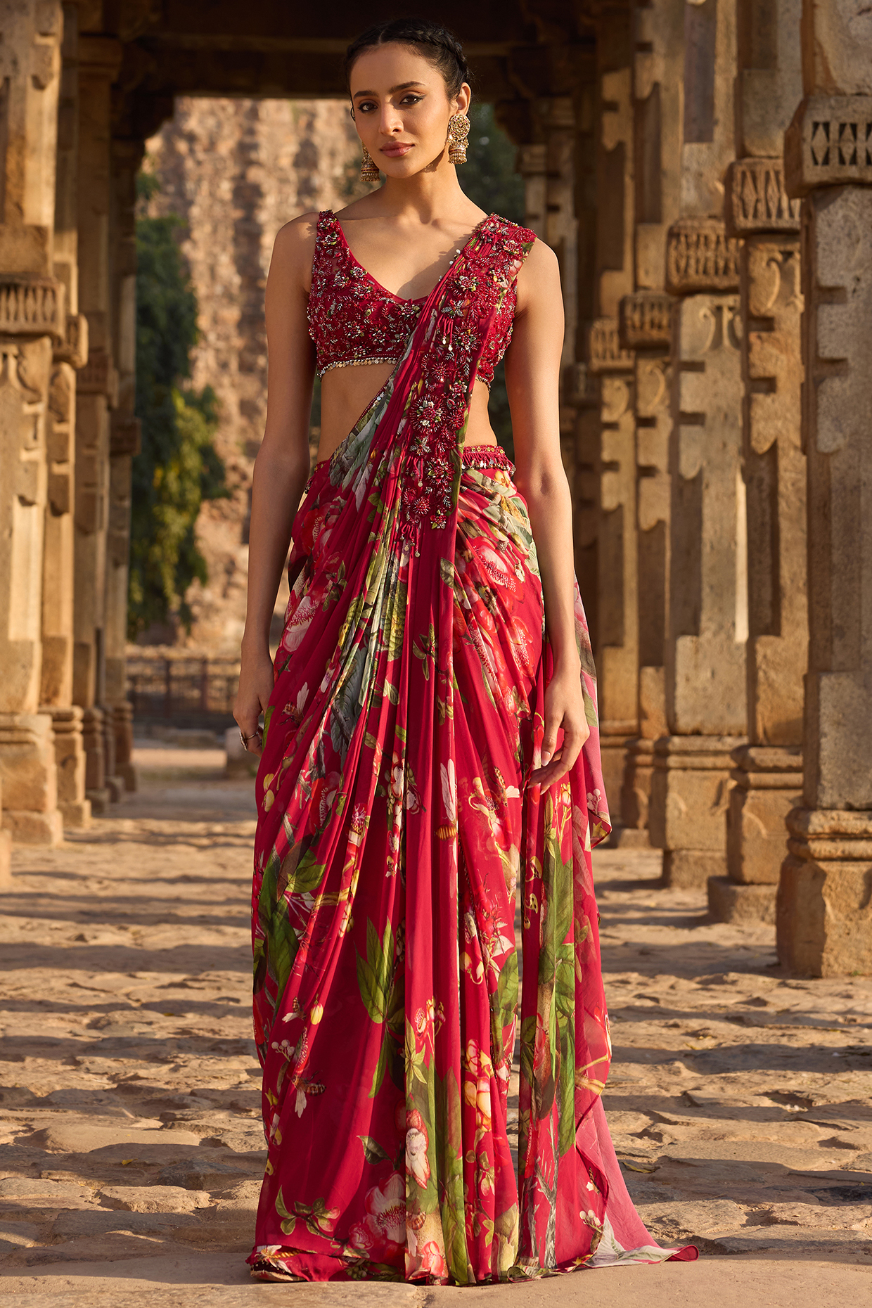 Fuchsia Georgette Printed Pre-Stitched Set by AWIGNA BY VARSHA & RITTU at Pernia's Pop Up Shop