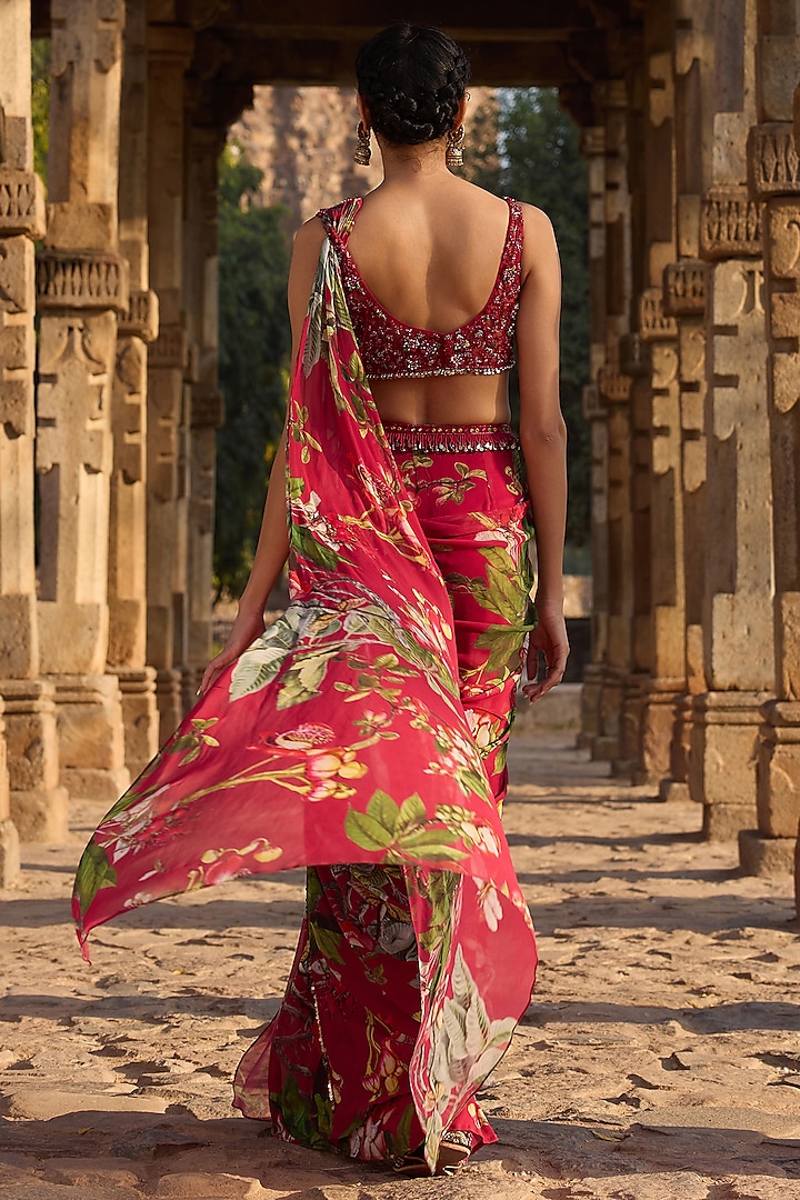 Fuchsia Georgette Printed Pre-Stitched Set by AWIGNA BY VARSHA & RITTU at Pernia's Pop Up Shop