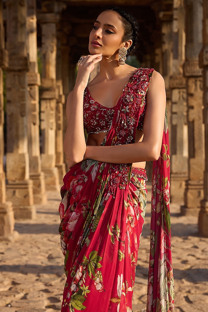 Fuchsia Georgette Printed Pre-Stitched Set by AWIGNA BY VARSHA & RITTU at Pernia's Pop Up Shop