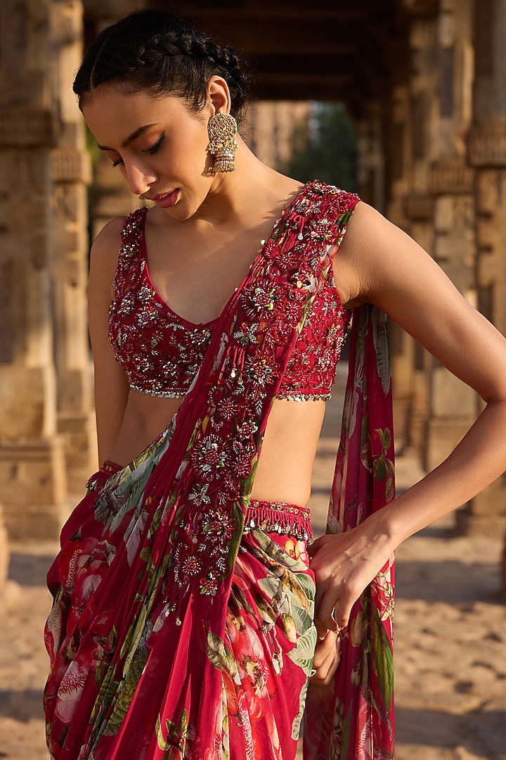 Fuchsia Georgette Printed Pre-Stitched Set by AWIGNA BY VARSHA & RITTU at Pernia's Pop Up Shop