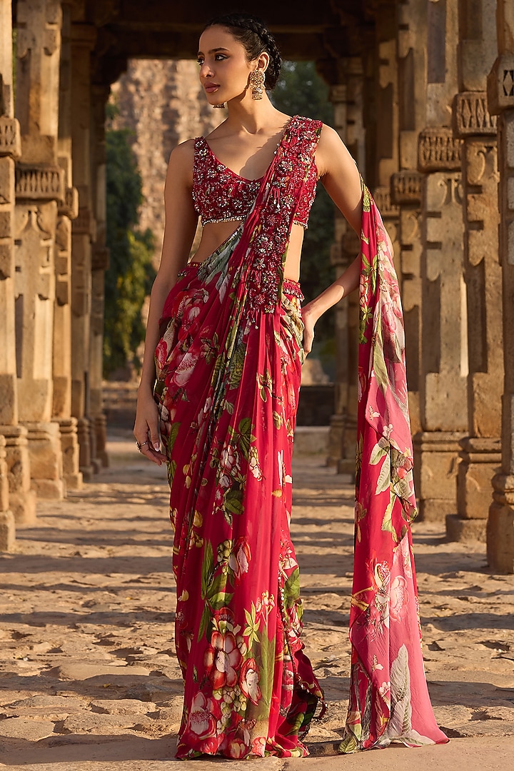 Fuchsia Georgette Printed Pre-Stitched Set by AWIGNA BY VARSHA & RITTU at Pernia's Pop Up Shop