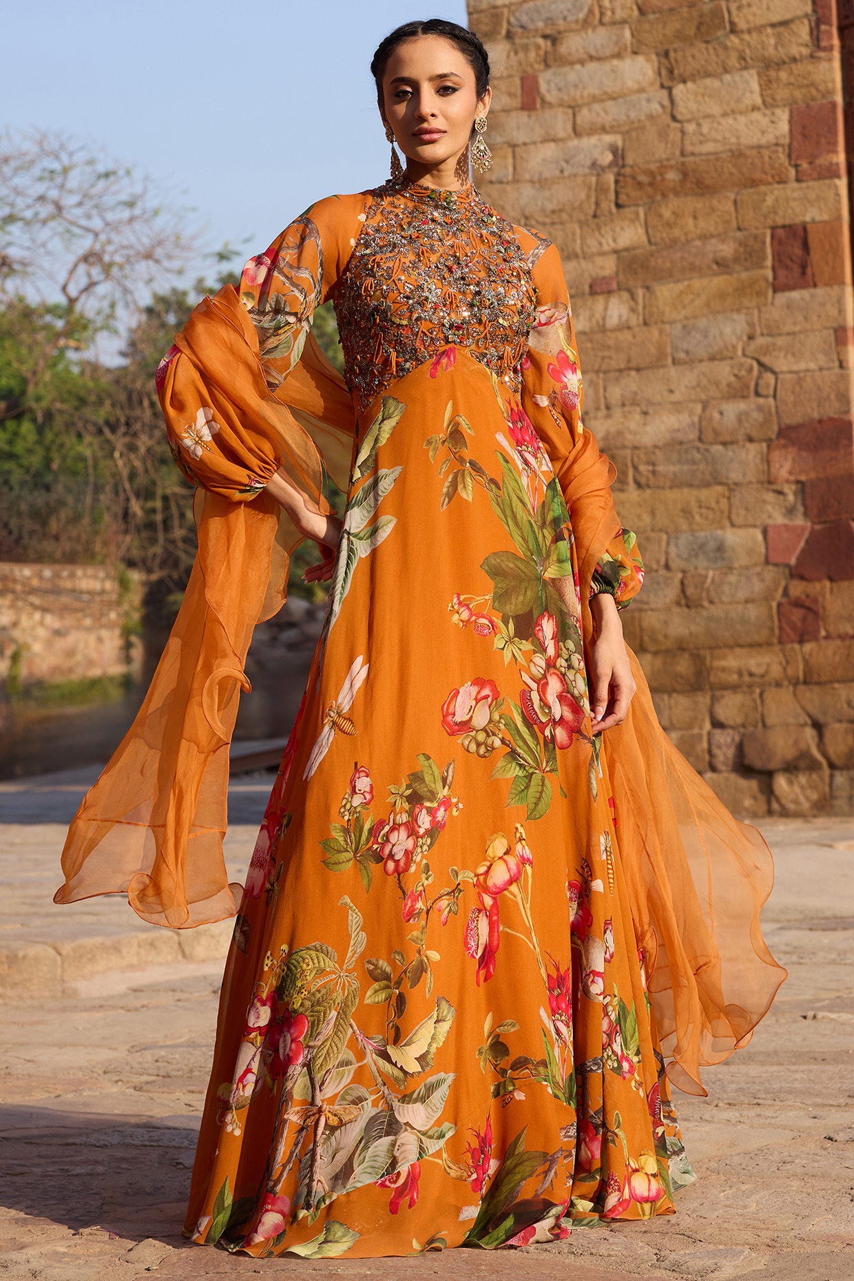 Orange Georgette Printed Wedding Anarkali Set by AWIGNA BY VARSHA & RITTU at Pernia's Pop Up Shop