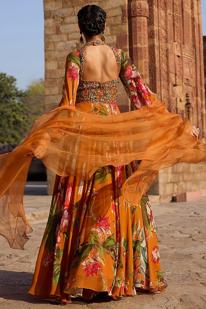 Orange Georgette Printed Wedding Anarkali Set by AWIGNA BY VARSHA & RITTU at Pernia's Pop Up Shop