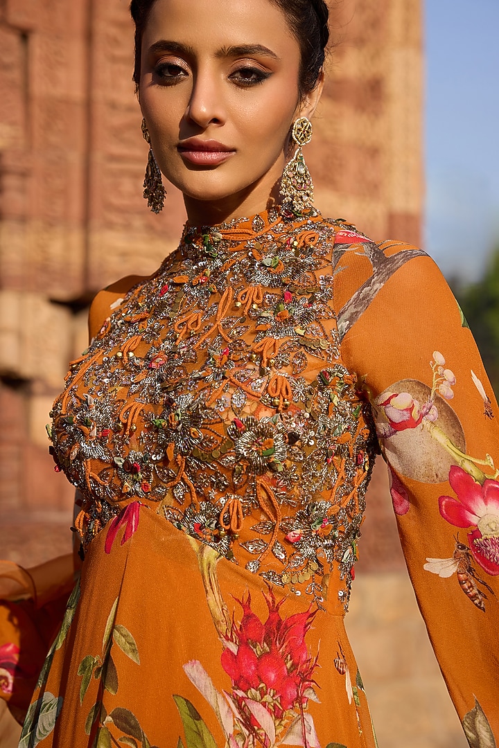 Orange Georgette Printed Wedding Anarkali Set by AWIGNA BY VARSHA & RITTU at Pernia's Pop Up Shop