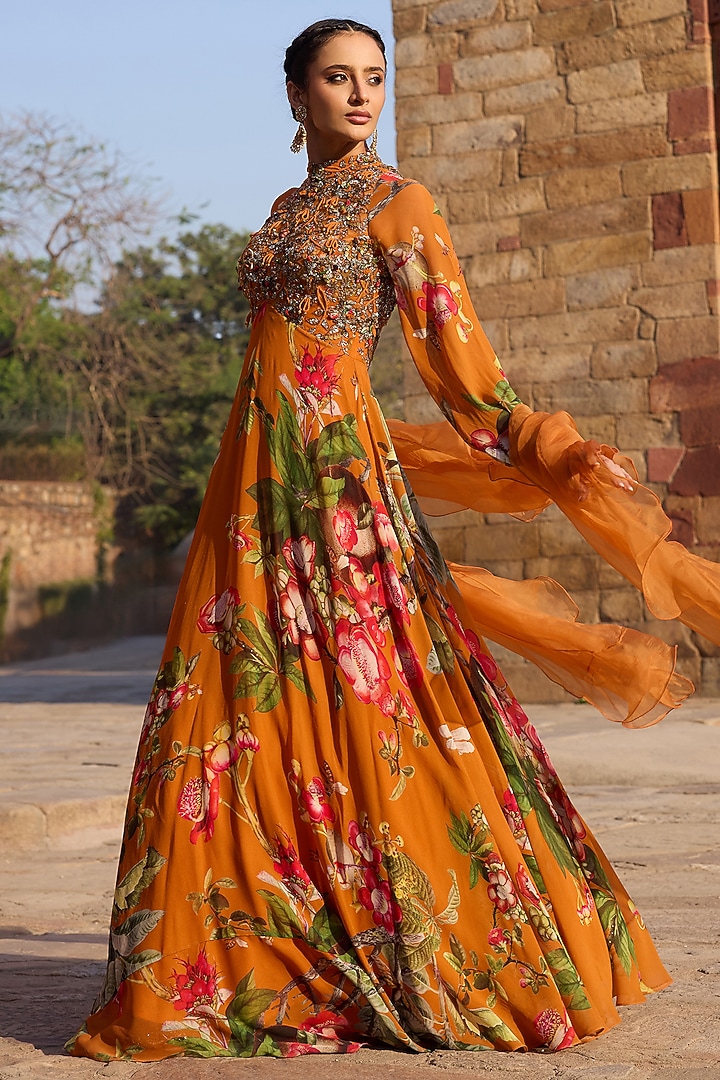 Orange Georgette Printed Wedding Anarkali Set by AWIGNA BY VARSHA & RITTU at Pernia's Pop Up Shop