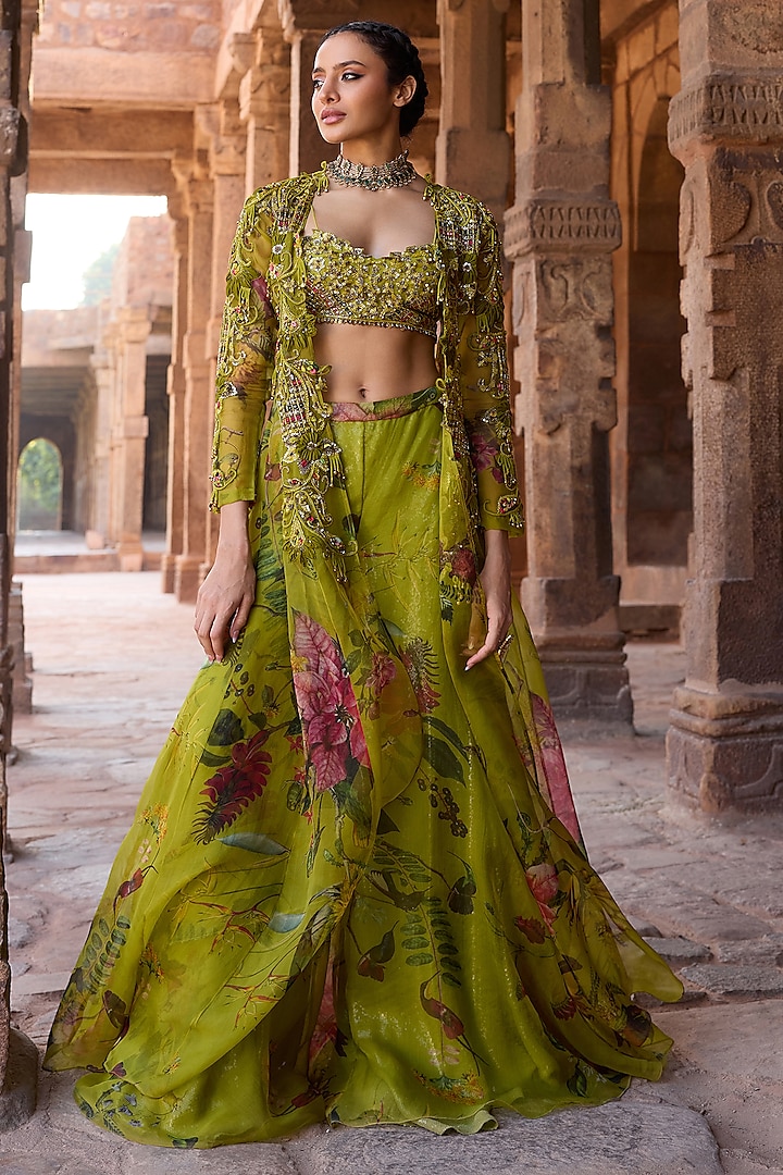 Green Organza Embroidered Jacket Set by AWIGNA BY VARSHA & RITTU at Pernia's Pop Up Shop