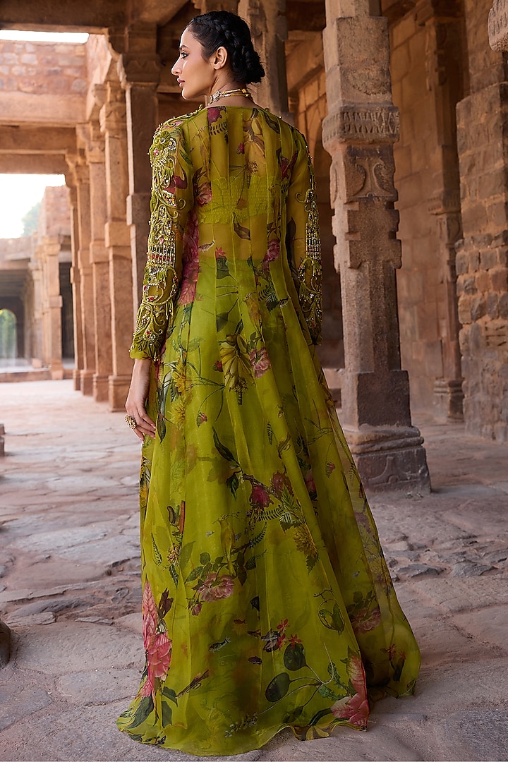Green Organza Embroidered Jacket Set by AWIGNA BY VARSHA & RITTU at Pernia's Pop Up Shop