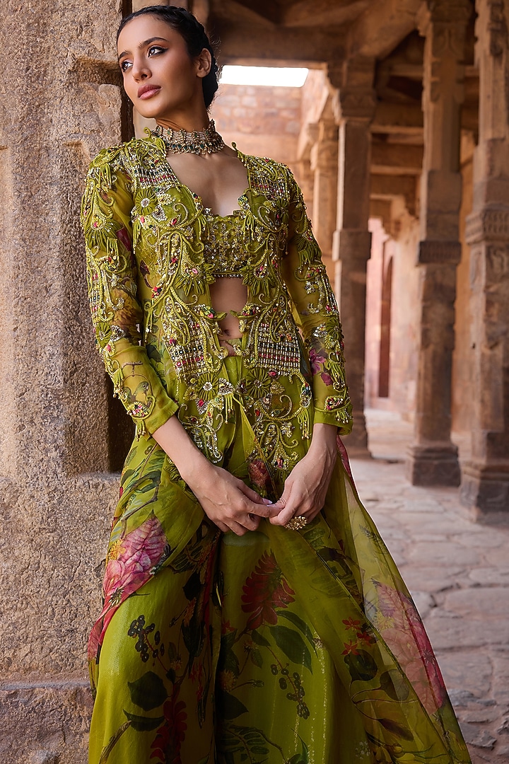 Green Organza Embroidered Jacket Set by AWIGNA BY VARSHA & RITTU at Pernia's Pop Up Shop