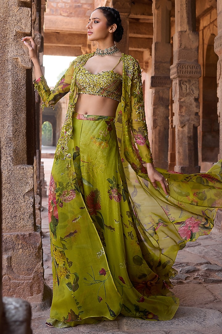 Green Organza Embroidered Jacket Set by AWIGNA BY VARSHA & RITTU at Pernia's Pop Up Shop