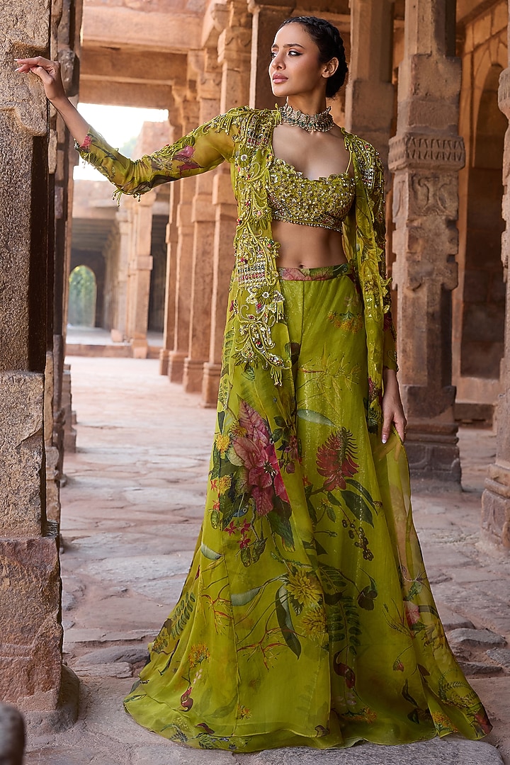 Green Organza Embroidered Jacket Set by AWIGNA BY VARSHA & RITTU at Pernia's Pop Up Shop