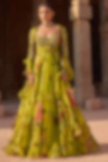 Green Organza Printed & Embroidered Wedding Anarkali Set by AWIGNA BY VARSHA & RITTU at Pernia's Pop Up Shop