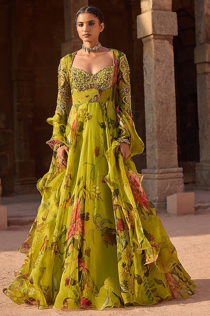 Green Organza Printed & Embroidered Wedding Anarkali Set by AWIGNA BY VARSHA & RITTU at Pernia's Pop Up Shop
