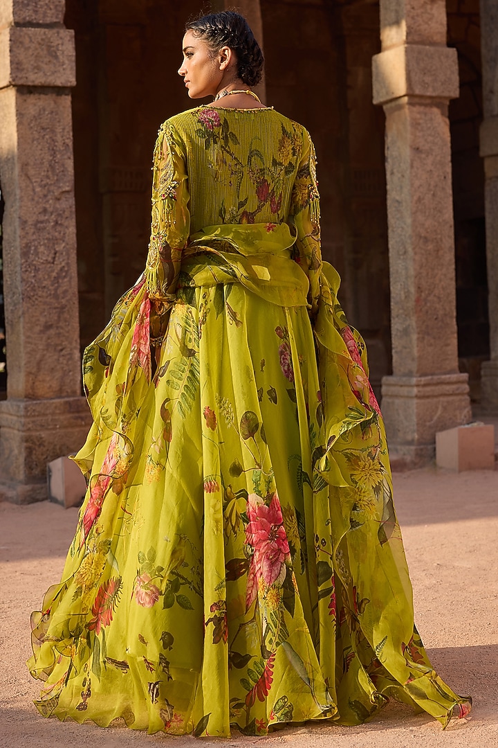 Green Organza Printed & Embroidered Wedding Anarkali Set by AWIGNA BY VARSHA & RITTU at Pernia's Pop Up Shop