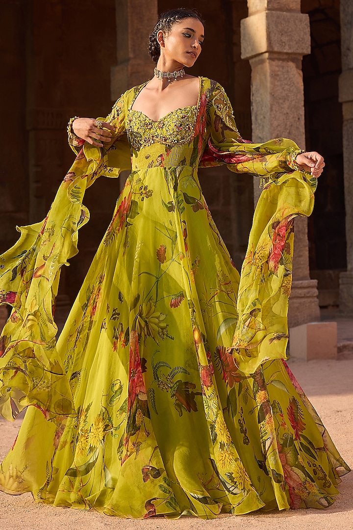 Green Organza Printed & Embroidered Wedding Anarkali Set by AWIGNA BY VARSHA & RITTU at Pernia's Pop Up Shop