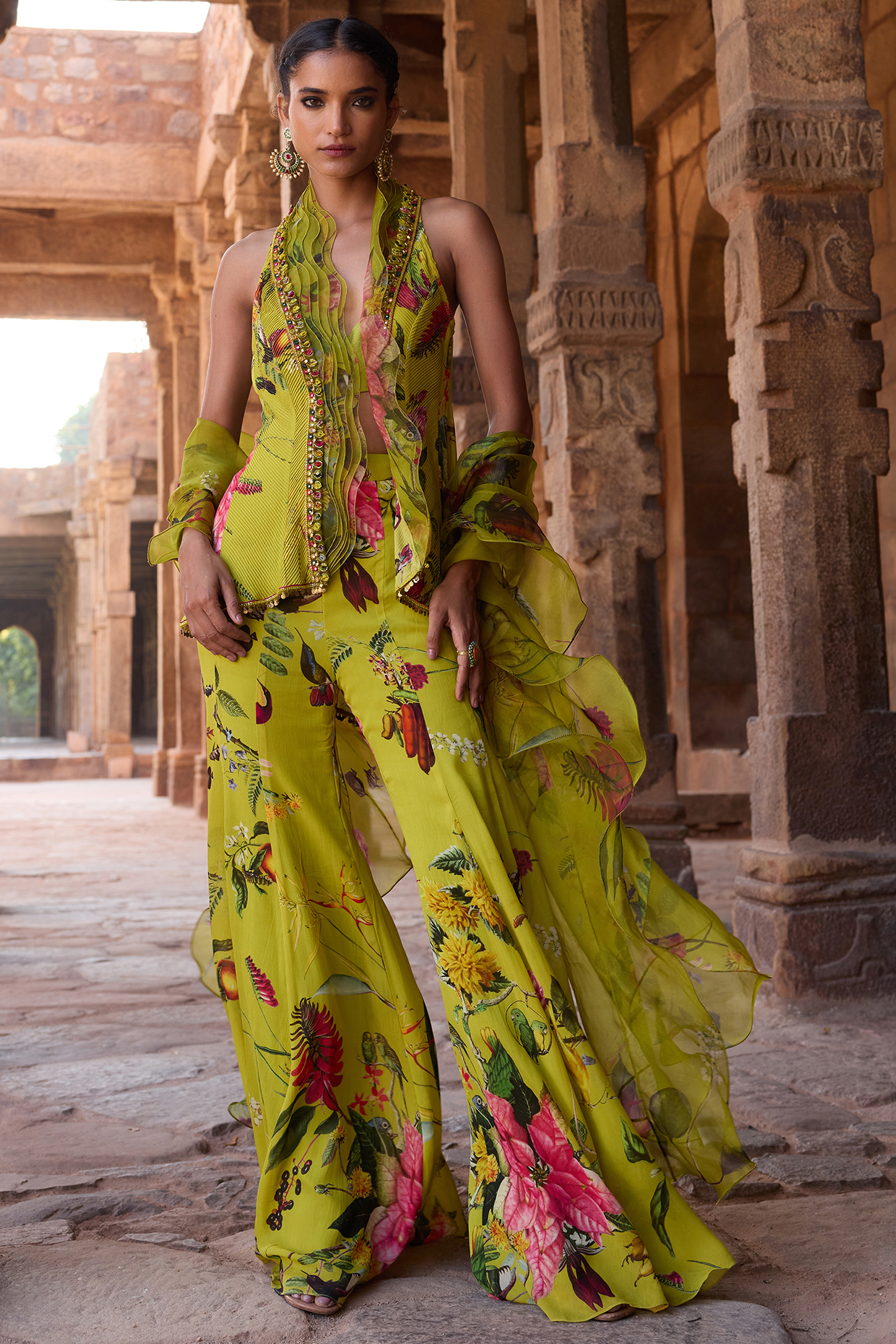 Green Georgette Printed Wedding Sharara Set by AWIGNA BY VARSHA & RITTU at Pernia's Pop Up Shop