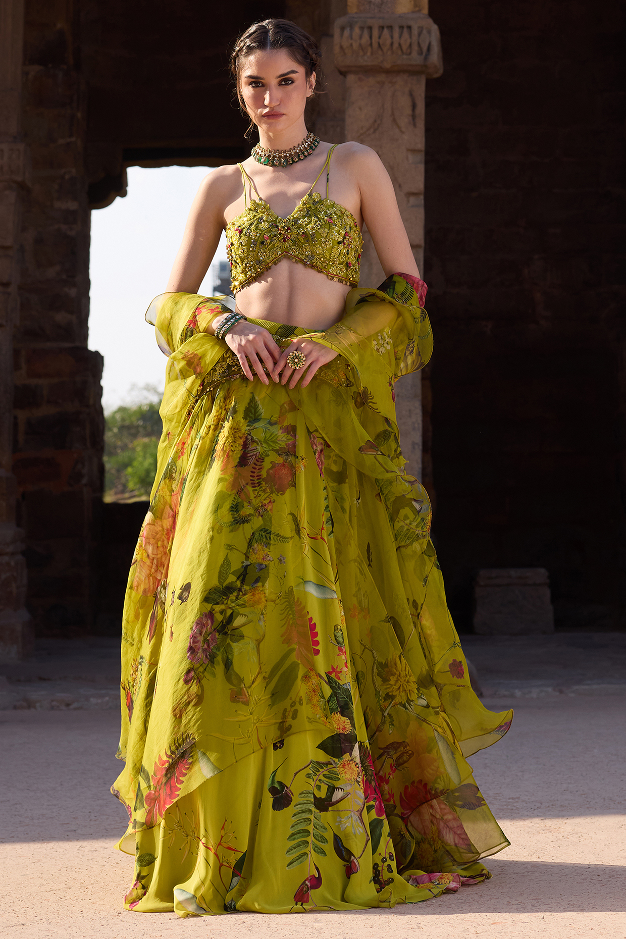 Green Georgette Printed Wedding Lehenga Set by AWIGNA BY VARSHA & RITTU at Pernia's Pop Up Shop