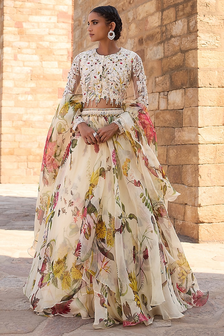 Ivory Organza Printed Skirt Set by AWIGNA BY VARSHA & RITTU at Pernia's Pop Up Shop