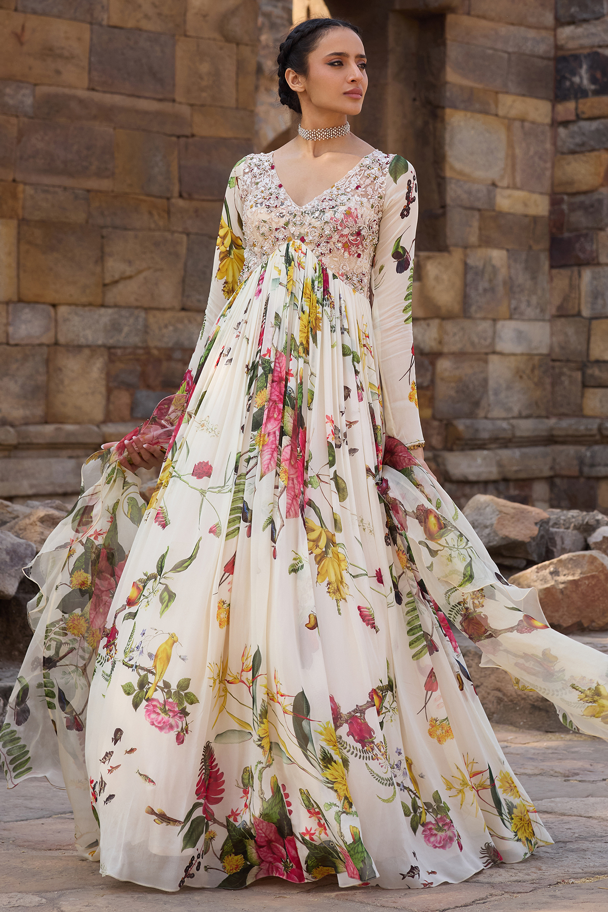 Ivory Georgette Printed Wedding Anarkali Set by AWIGNA BY VARSHA & RITTU at Pernia's Pop Up Shop