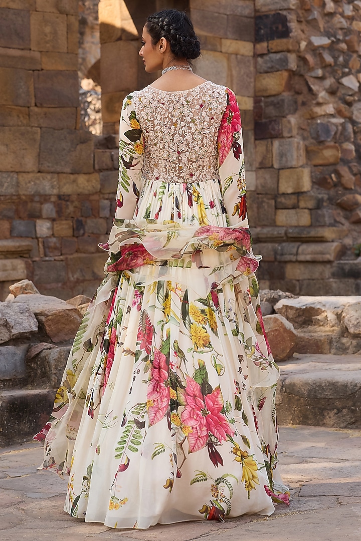 Ivory Georgette Printed Wedding Anarkali Set by AWIGNA BY VARSHA & RITTU at Pernia's Pop Up Shop