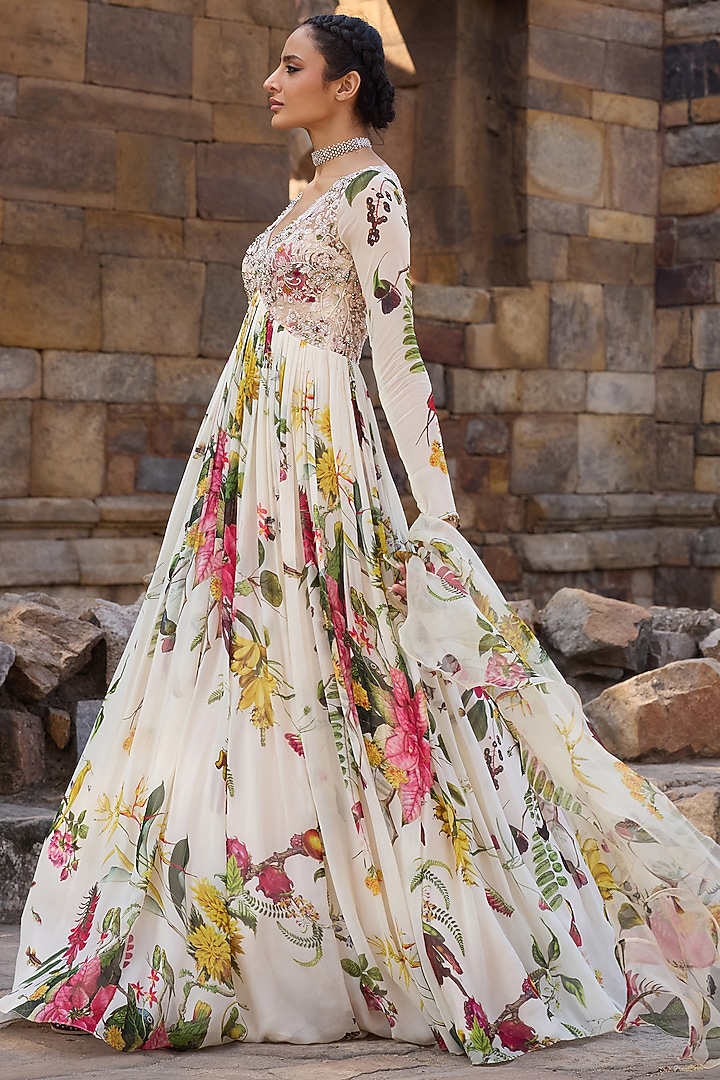 Ivory Georgette Printed Wedding Anarkali Set by AWIGNA BY VARSHA & RITTU at Pernia's Pop Up Shop