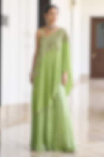 Light Green Crepe Embellished Cape Set by AWIGNA BY VARSHA & RITTU at Pernia's Pop Up Shop