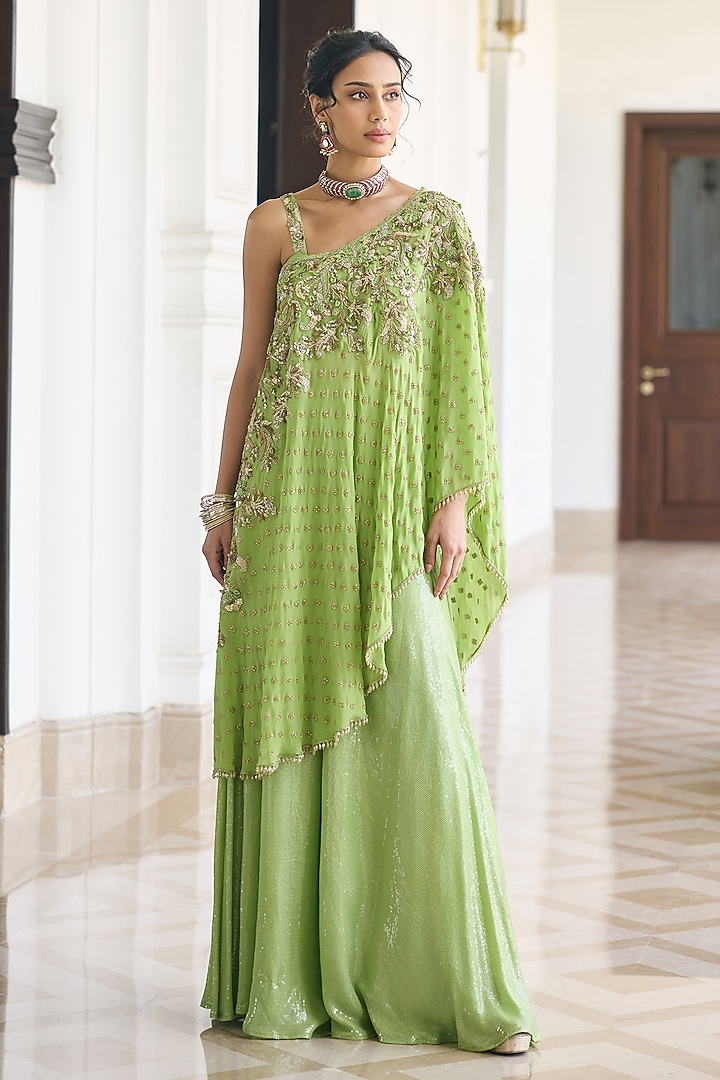 Light Green Crepe Embellished Cape Set by AWIGNA BY VARSHA & RITTU at Pernia's Pop Up Shop